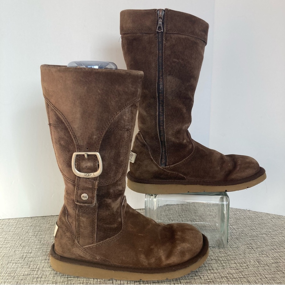 UGG Australia Cargo Winter Boots Womens Sz 6 Brown Leather & Sheepskin Zip Nice!